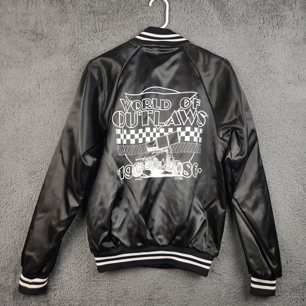 VTG World of Outlaws 1986 Sprint Car Racing Satin Bomber Jacket Small Snap Front
